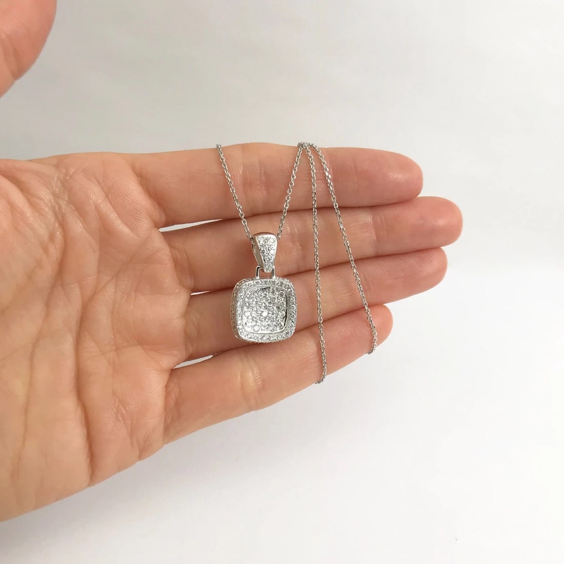 Diamond Pave Cushion Halo Pendant Necklace 18K White Gold, 1.15 CTW, 7.24 Grams - 2