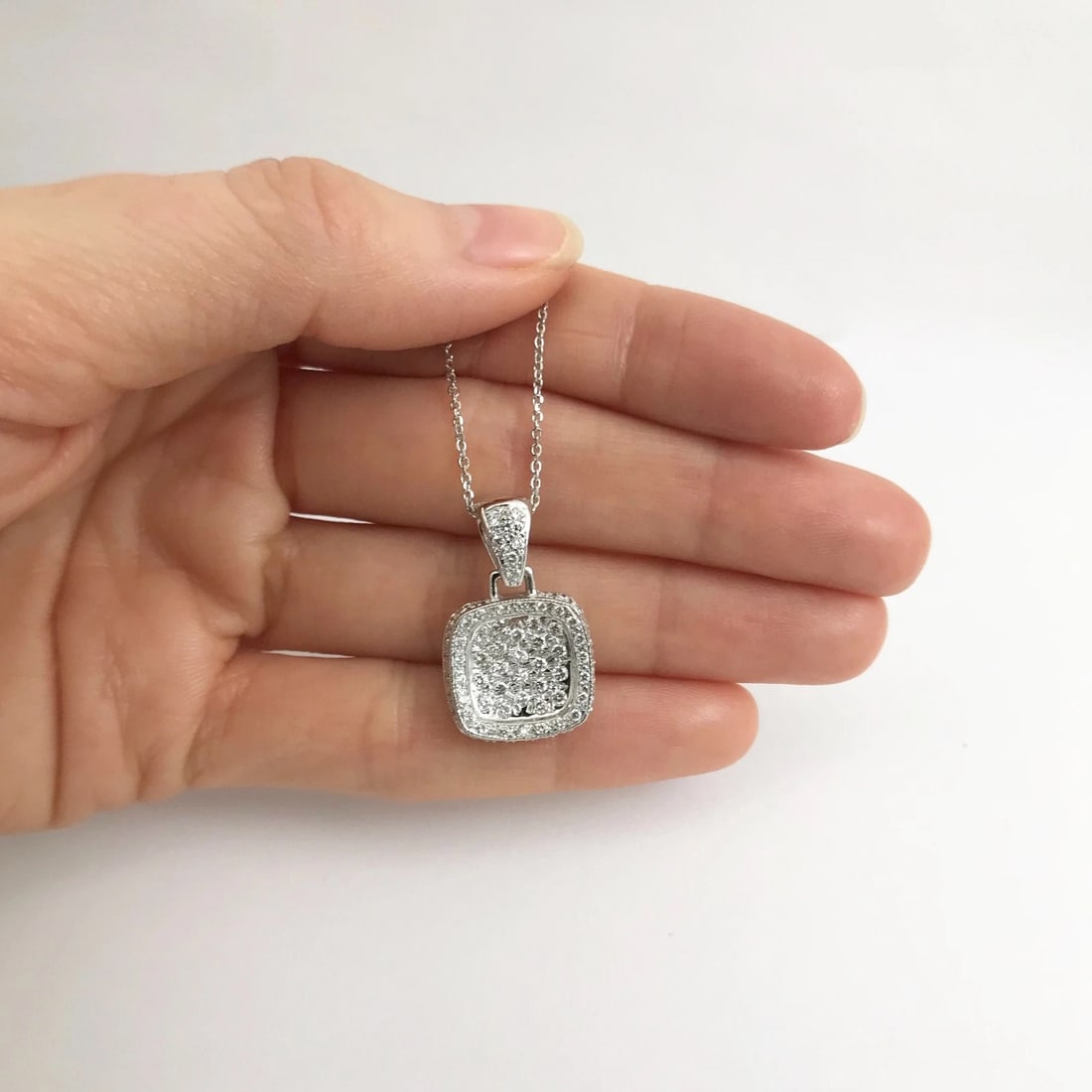 Diamond Pave Cushion Halo Pendant Necklace 18K White Gold, 1.15 CTW, 7.24 Grams - 3