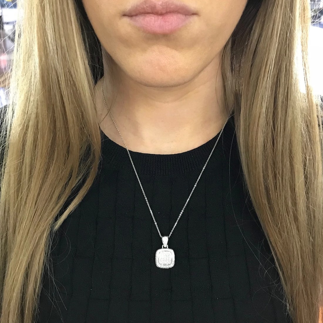 Diamond Pave Cushion Halo Pendant Necklace 18K White Gold, 1.15 CTW, 7.24 Grams - 4