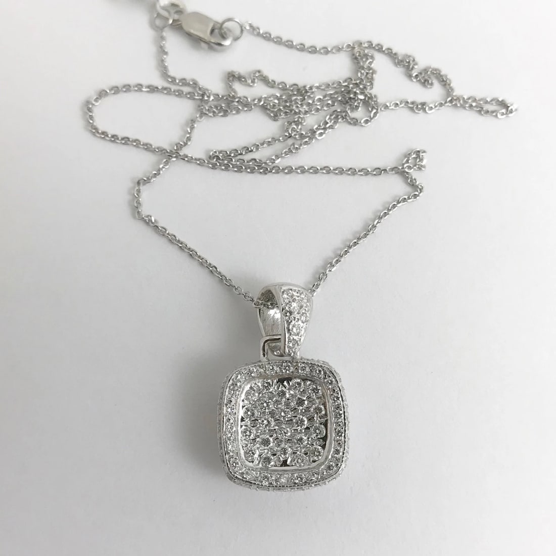 Diamond Pave Cushion Halo Pendant Necklace 18K White Gold, 1.15 CTW, 7.24 Grams - 7