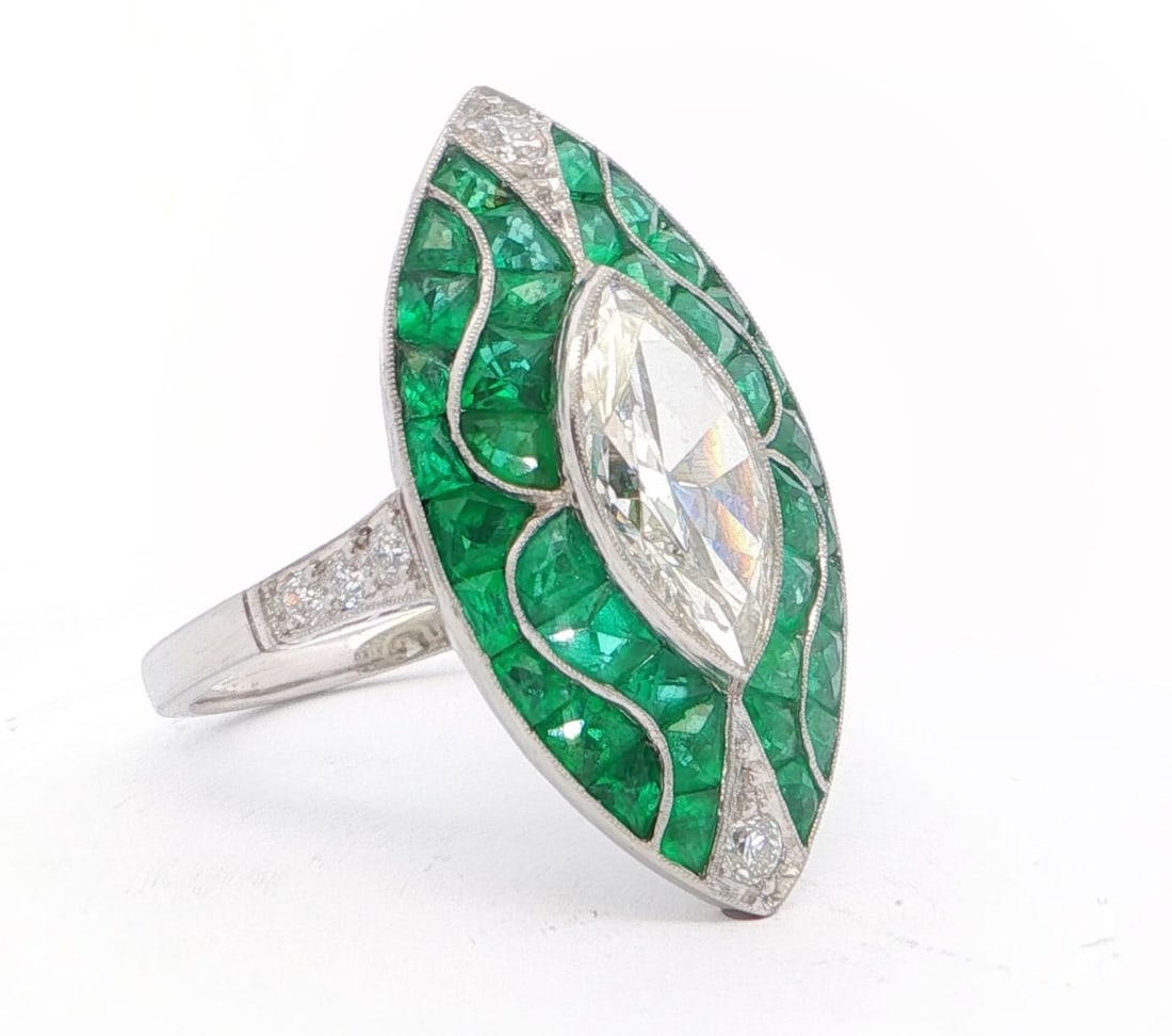 Platinum Marquise Diamond and Natural Emerald Ring - 2