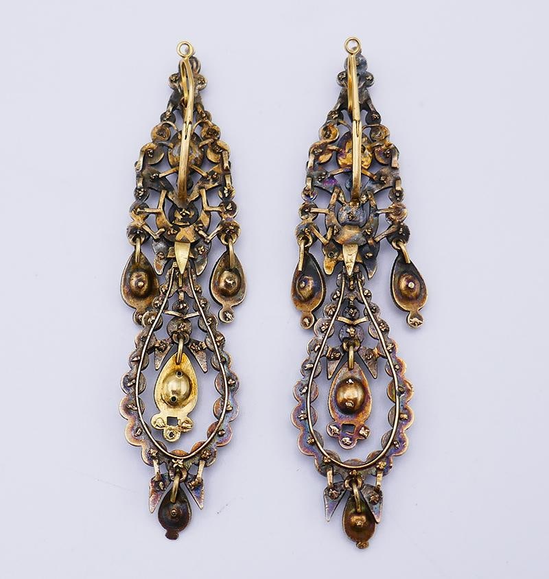 Antique Iberian 14k Gold Chandelier Earrings Silver Topped - 4