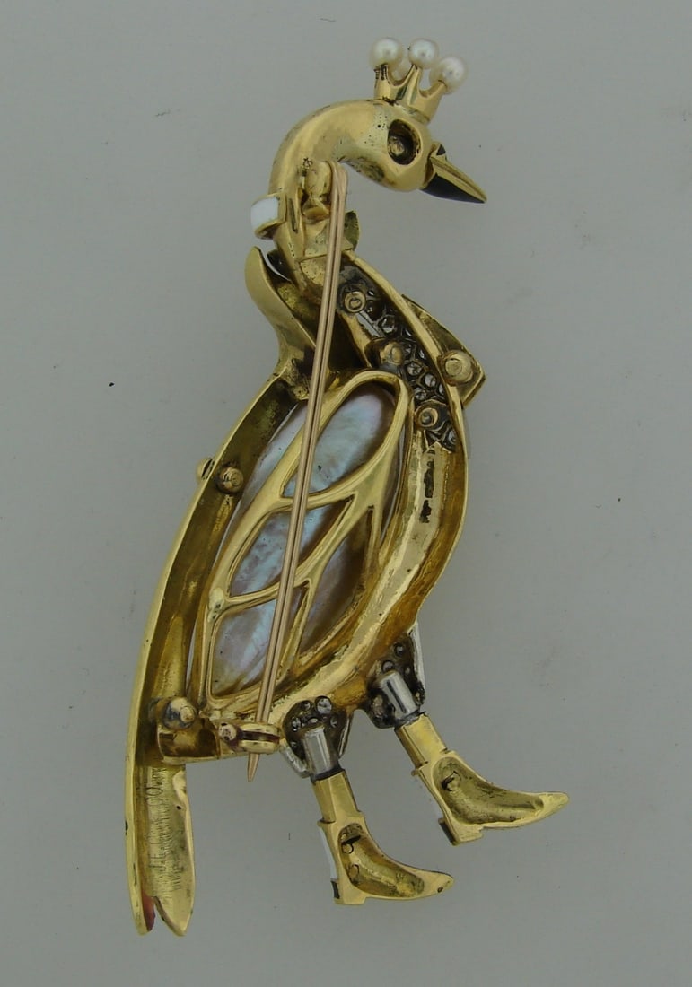 J.E. Caldwell Enamel Natural Pearl Diamond Gold Swan Brooch Pin - 9