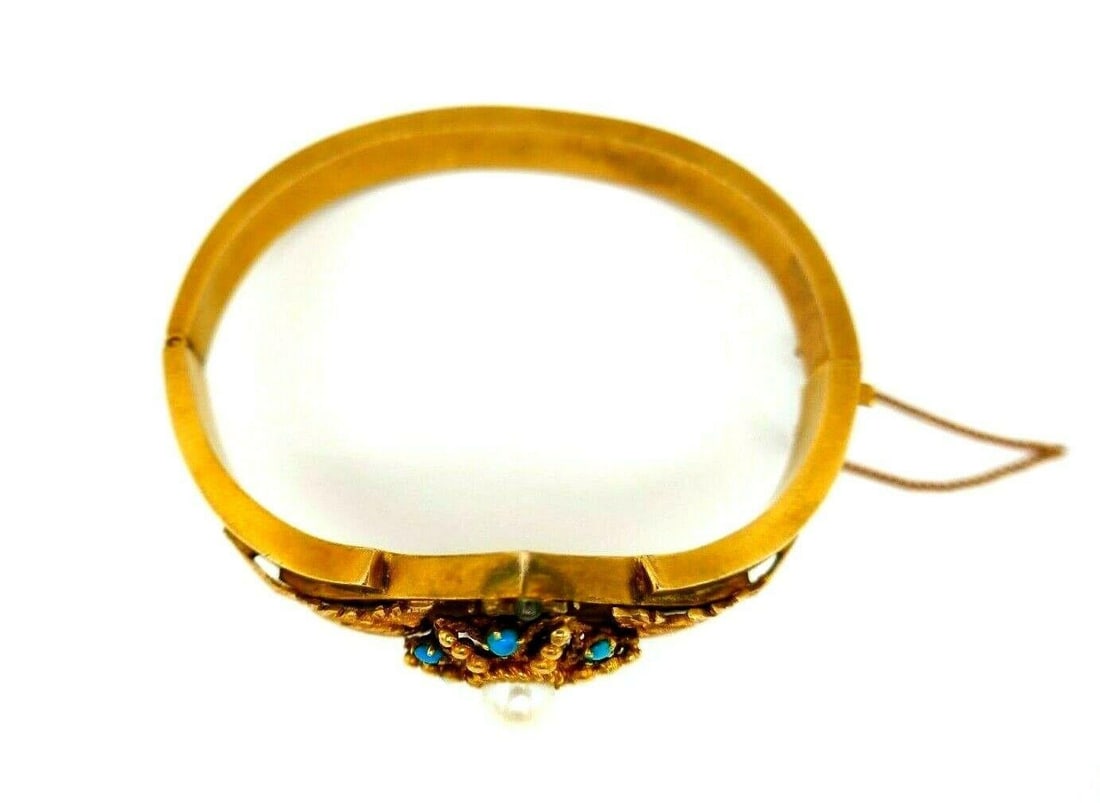 Antique 14k Gold Turquoise Pearl Bangle Bracelet - 6