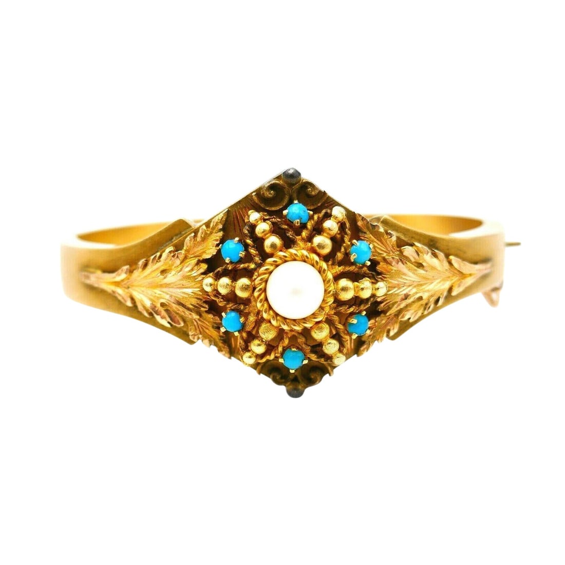 Antique 14k Gold Turquoise Pearl Bangle Bracelet - 7