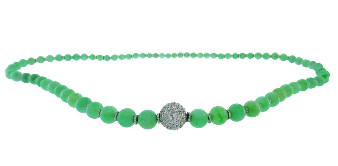 Vintage Jade Bead Necklace with Diamond 14k White Gold Rondelles and Clasp - 14