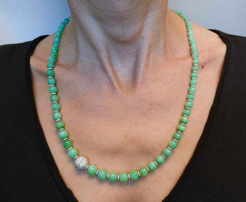 Vintage Jade Bead Necklace with Diamond 14k White Gold Rondelles and Clasp - 17