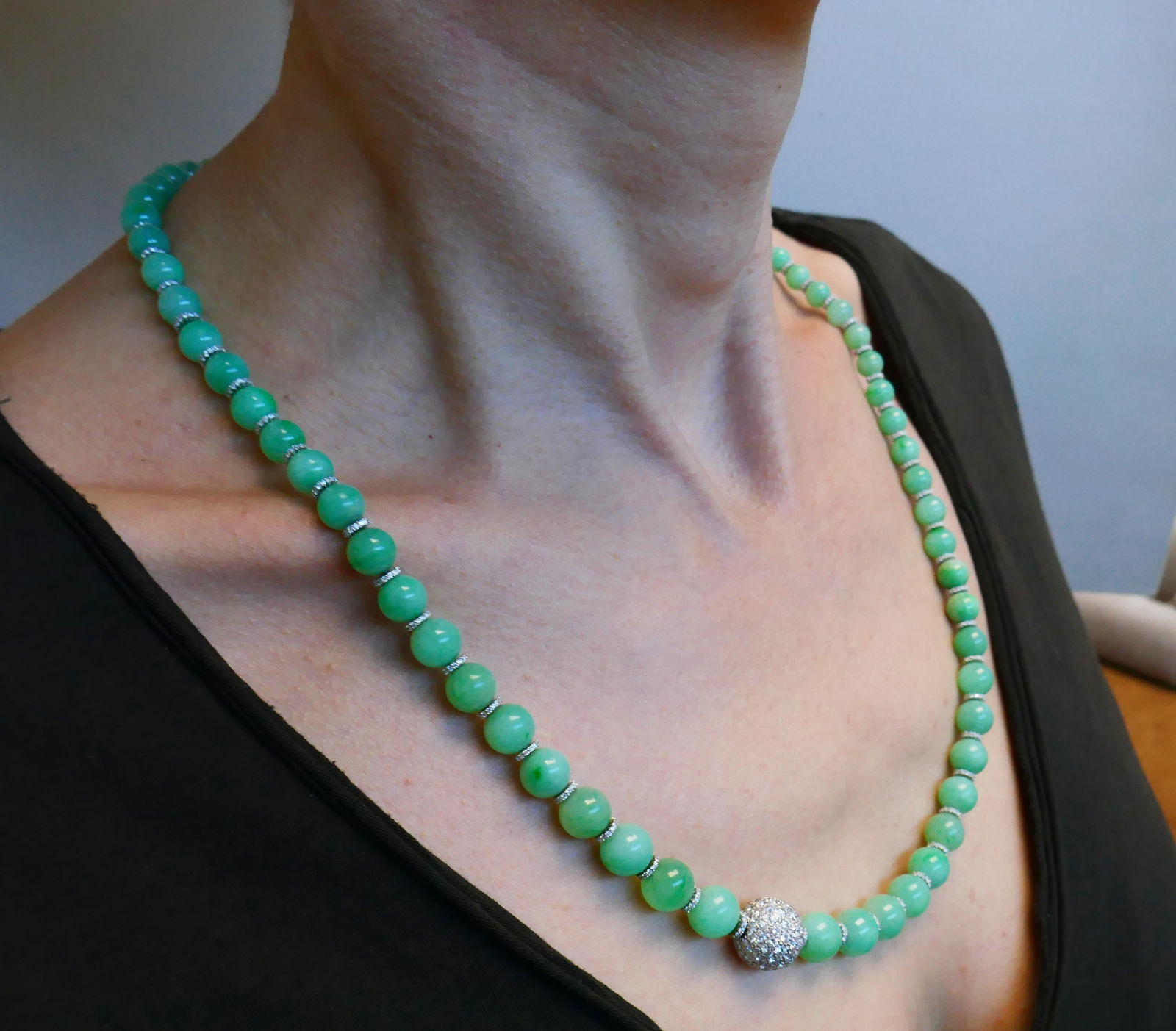 Vintage Jade Bead Necklace with Diamond 14k White Gold Rondelles and Clasp - 2