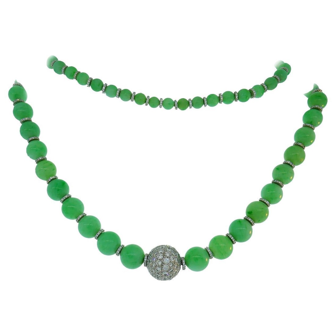 Vintage Jade Bead Necklace with Diamond 14k White Gold Rondelles and Clasp - 7
