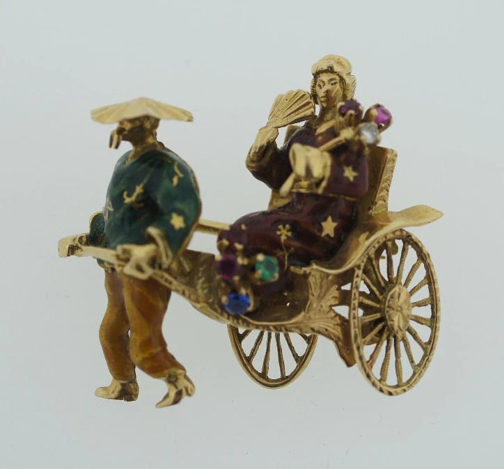 18K 750 YELLOW GOLD ENAMEL RIKSHA BROOCH PIN STAMPED RUBY SAPPHIRE DIAMOND - 2