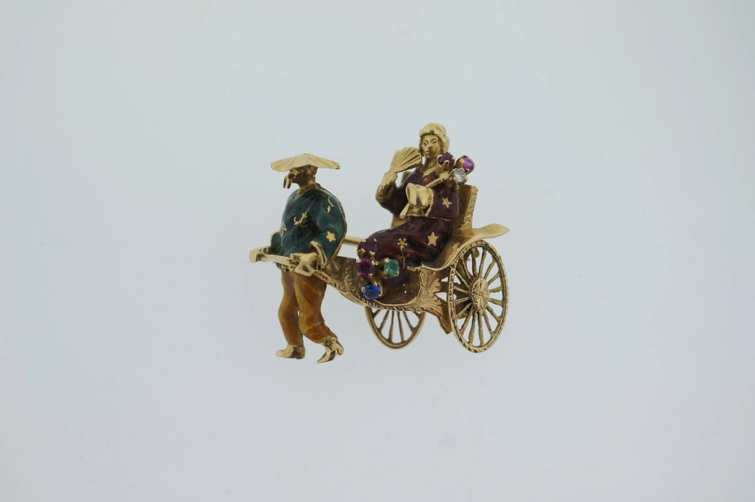 18K 750 YELLOW GOLD ENAMEL RIKSHA BROOCH PIN STAMPED RUBY SAPPHIRE DIAMOND - 3