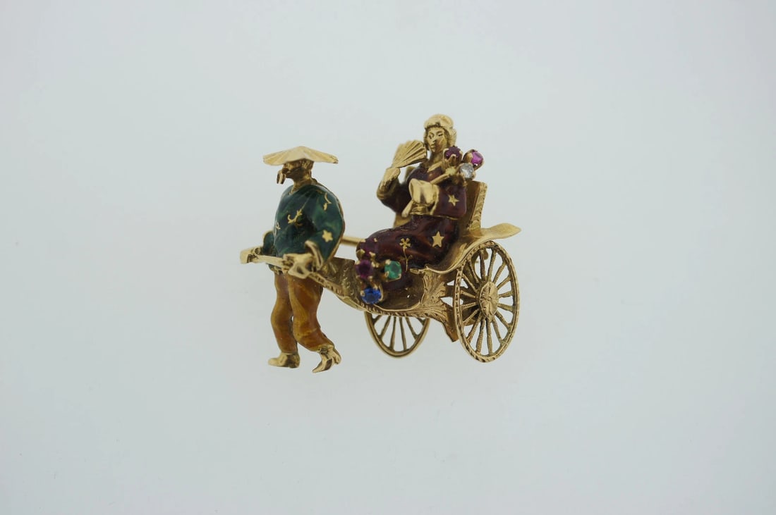 18K 750 YELLOW GOLD ENAMEL RIKSHA BROOCH PIN STAMPED RUBY SAPPHIRE DIAMOND - 4