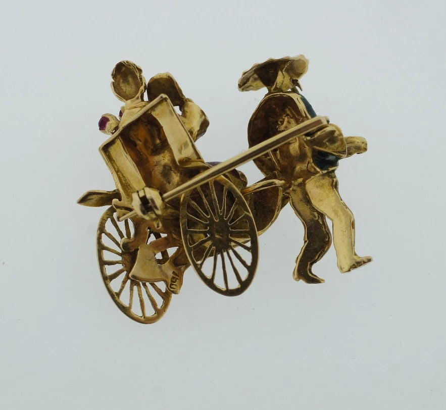 18K 750 YELLOW GOLD ENAMEL RIKSHA BROOCH PIN STAMPED RUBY SAPPHIRE DIAMOND - 7