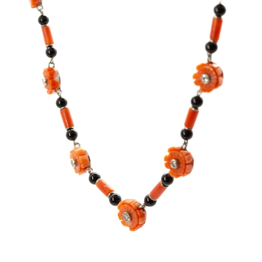 Platinum Coral, Natural Diamond, and Onyx Necklace - 2