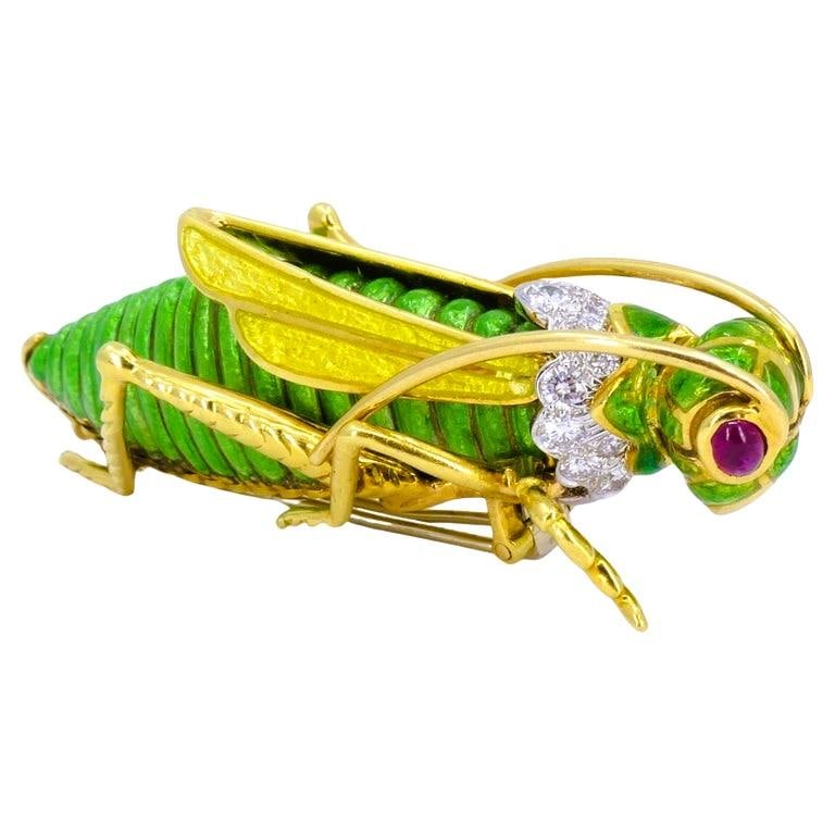 David Webb Vintage Brooch Gold Grasshopper Enamel Gemstones Estate Jewelry - 15
