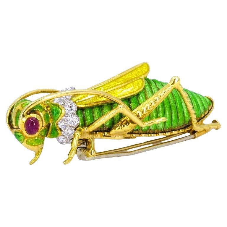 David Webb Vintage Brooch Gold Grasshopper Enamel Gemstones Estate Jewelry - 16