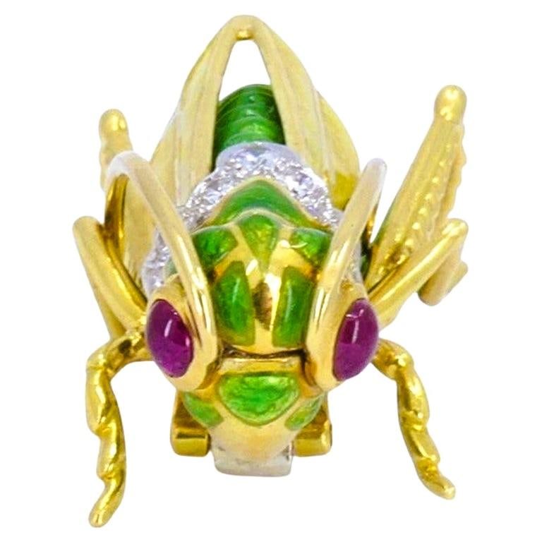 David Webb Vintage Brooch Gold Grasshopper Enamel Gemstones Estate Jewelry - 19