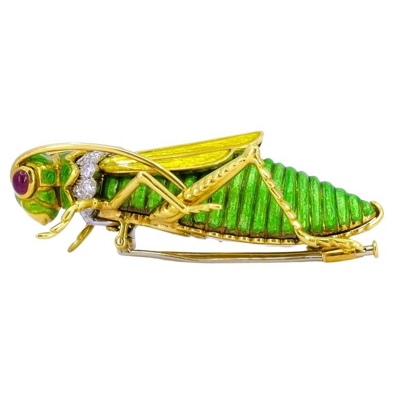 David Webb Vintage Brooch Gold Grasshopper Enamel Gemstones Estate Jewelry - 2