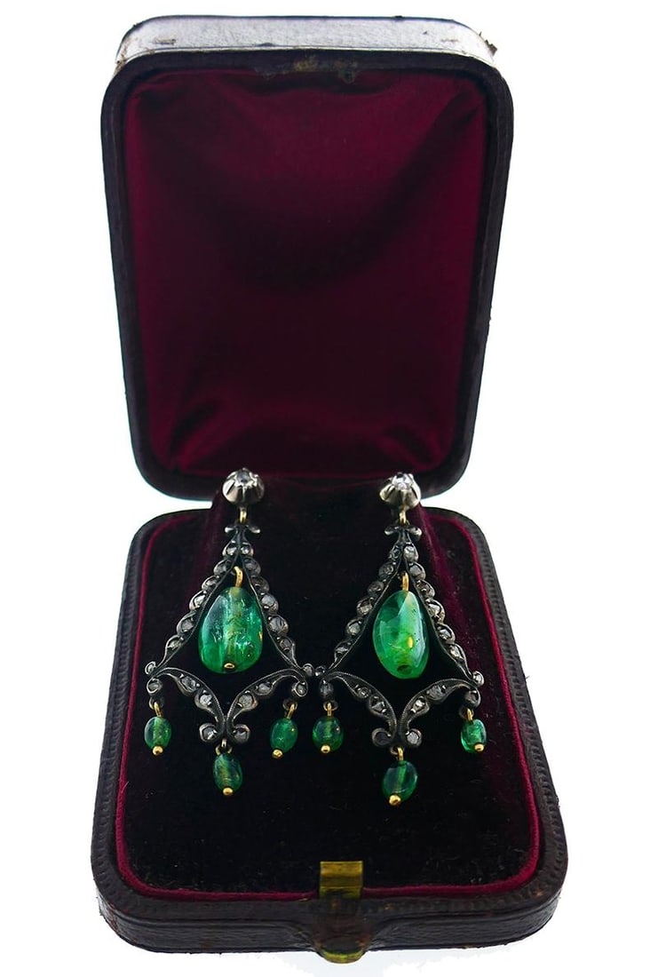 Georgian Emerald Silver 10k Gold Dangle Earrings Antique - 16