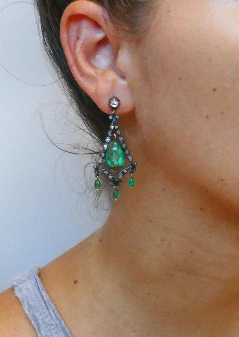 Georgian Emerald Silver 10k Gold Dangle Earrings Antique - 5