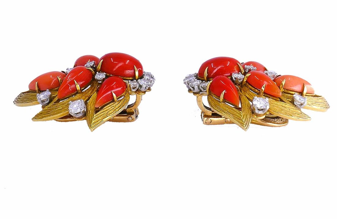 Vintage Bulgari Gold Platinum Earrings and Clip Brooches Set Coral Jewelry - 13