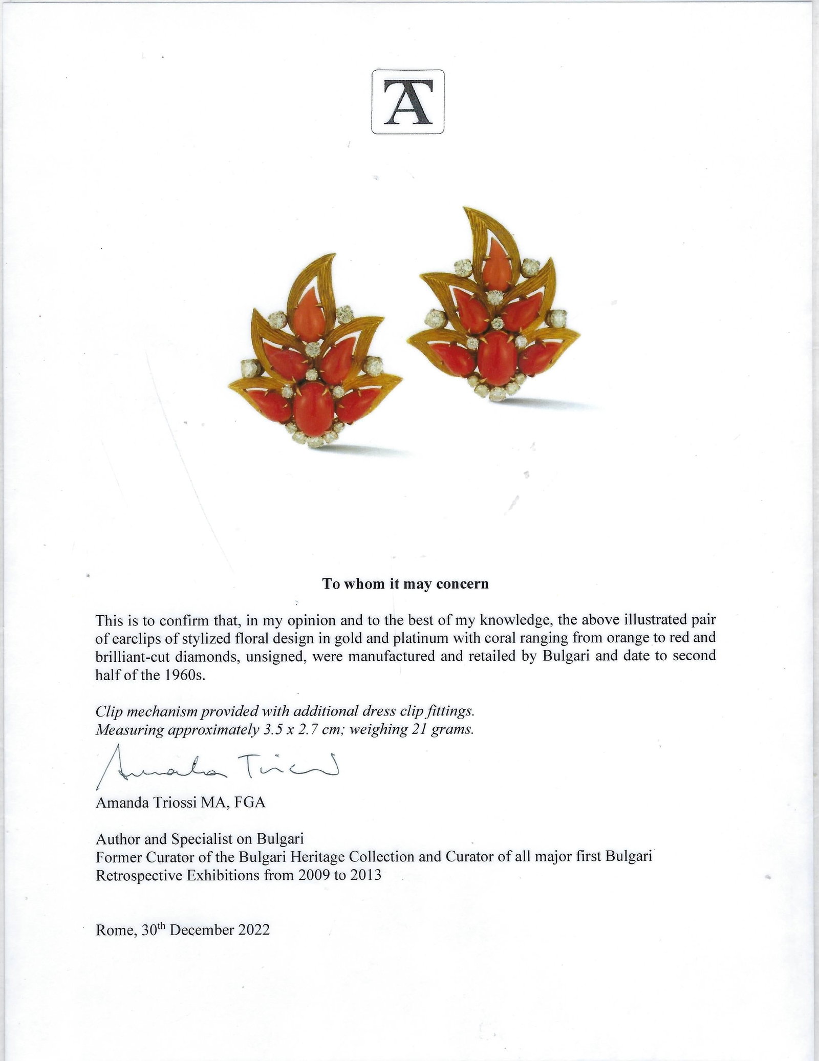 Vintage Bulgari Gold Platinum Earrings and Clip Brooches Set Coral Jewelry - 17