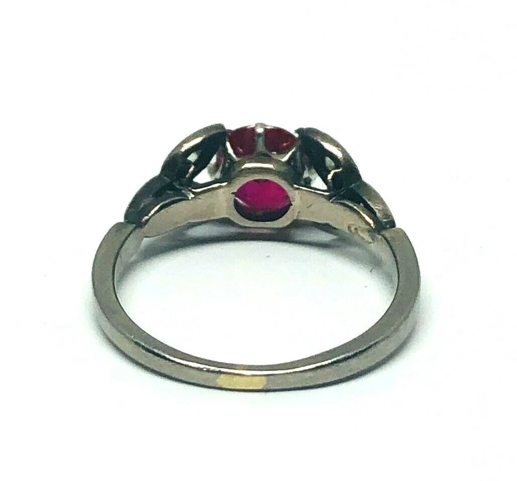 1950’s Platinum Synthetic Ruby Rose Cut Diamond Ring Flower Leaves - 4