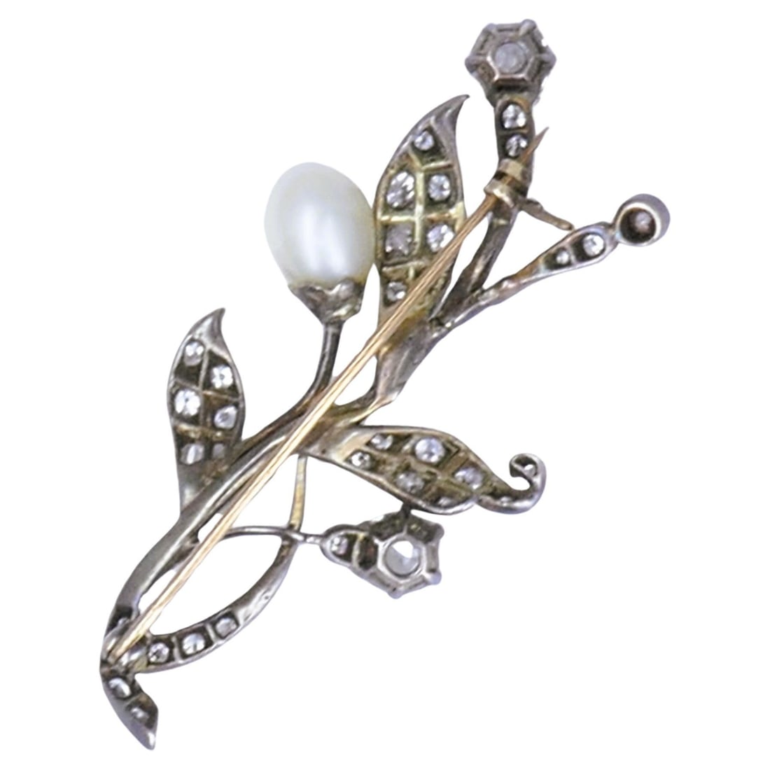 Georgian Era Silver Brooch Pearl Diamond 9k Gold Antique Jewelry - 5