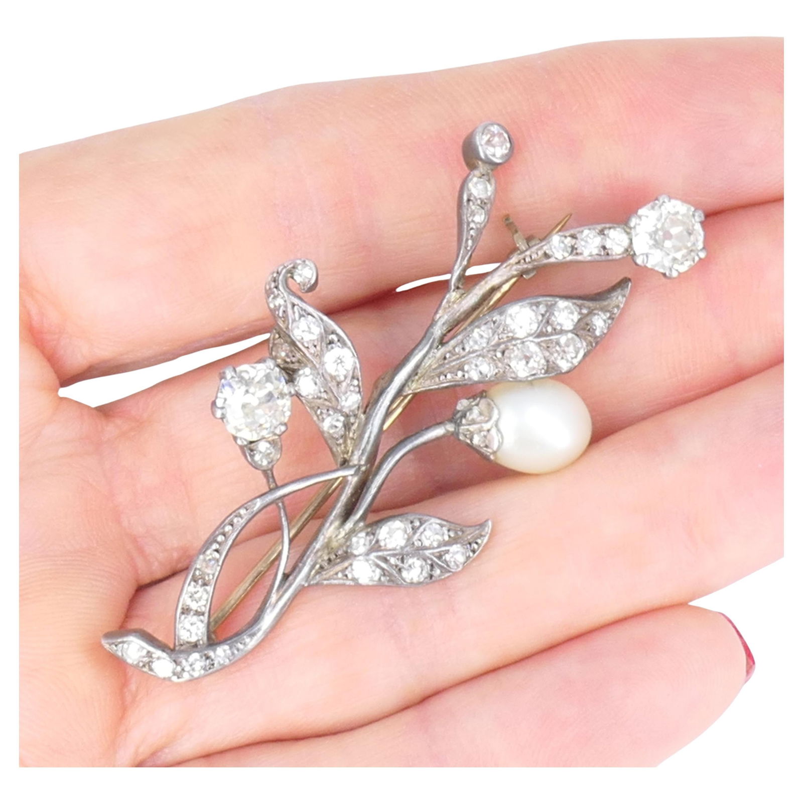 Georgian Era Silver Brooch Pearl Diamond 9k Gold Antique Jewelry - 6