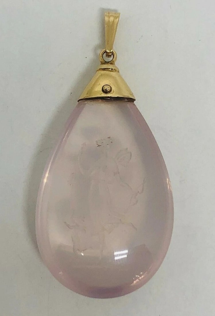 Vintage Carved Woman Rock Crystal Yellow Gold Pendant - 3