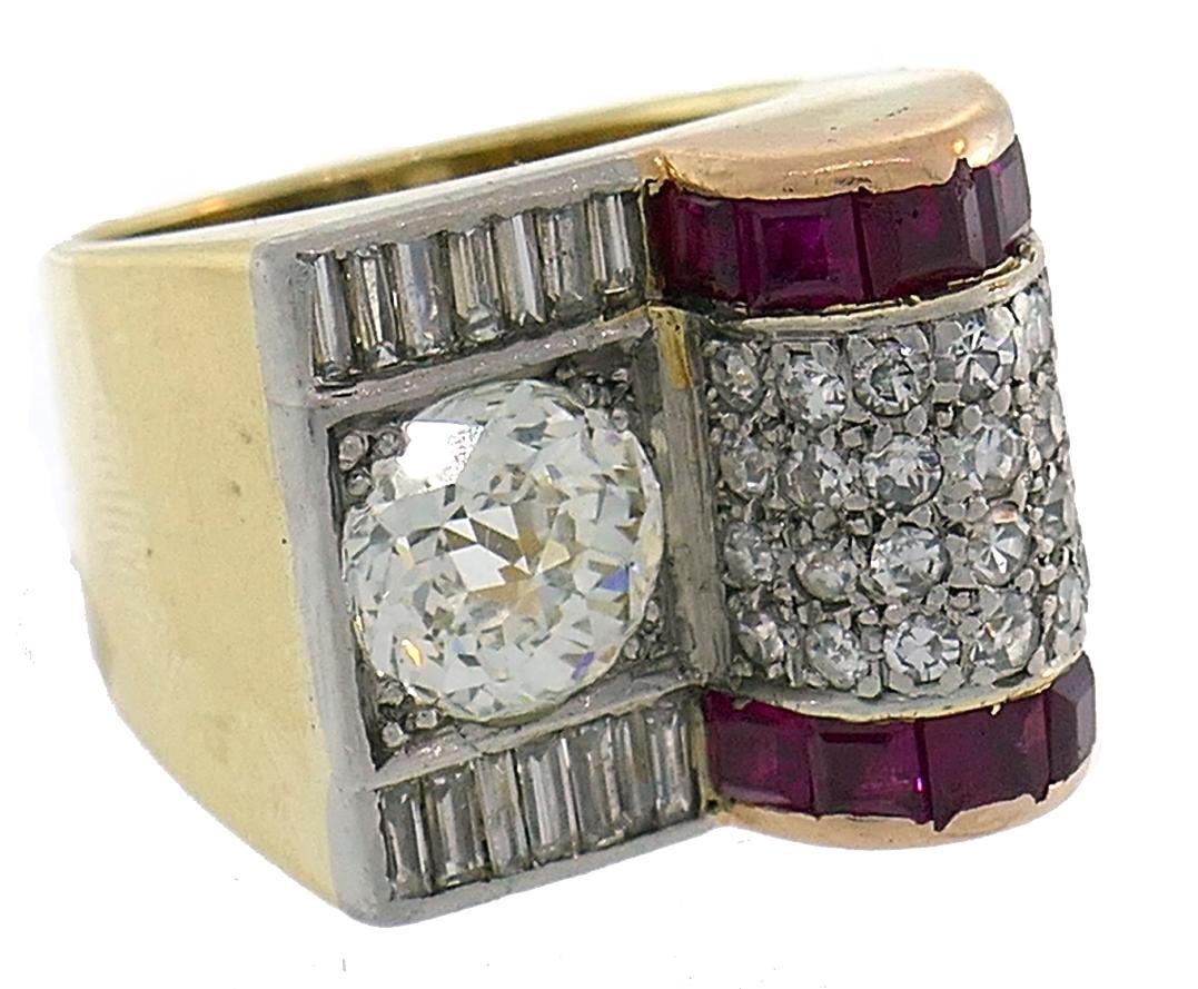 Jubilee Cut Diamond Ruby Gold Retro Ring - 5