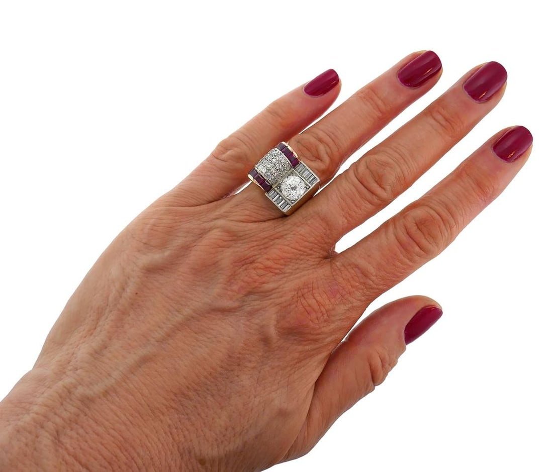 Jubilee Cut Diamond Ruby Gold Retro Ring - 6