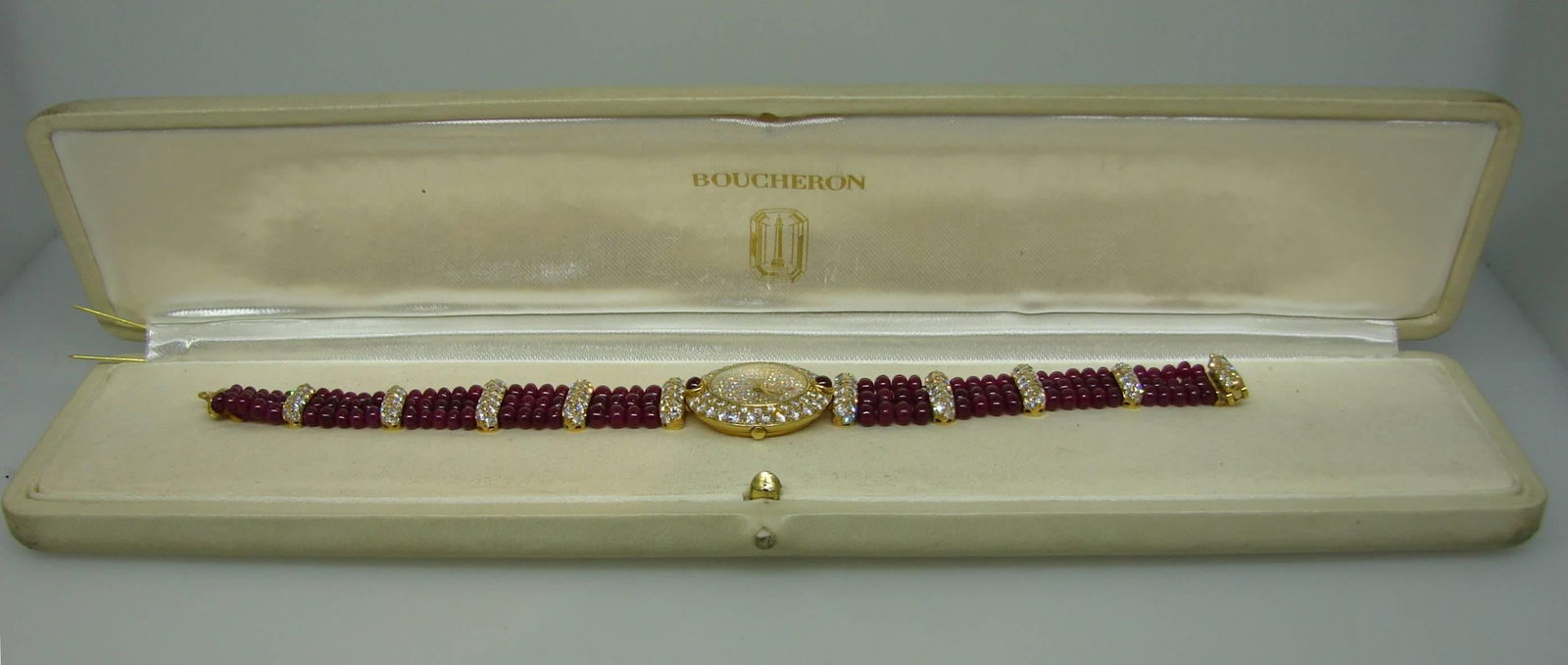 Vintage Boucheron 18k Yellow Gold Lady's Wristwatch Diamond Ruby Quartz - 6