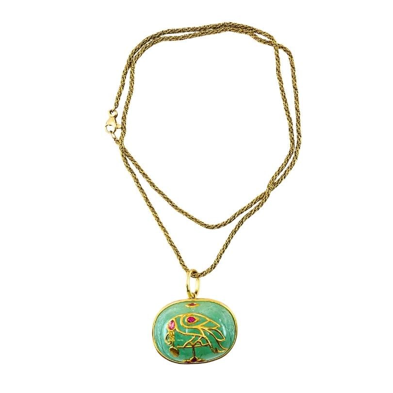 1930’s Yellow Gold, Carved Emerald and Ruby Pendant Chain Necklace - 14