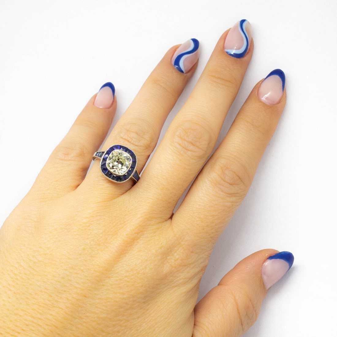 Handmade Platinum EGL Certified Diamond and Sapphire Ring - 3