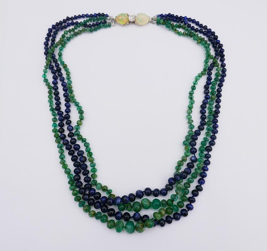 Art Deco Necklace Emerald Sapphire Bead with Diamond Opal Platinum Clasp - 19