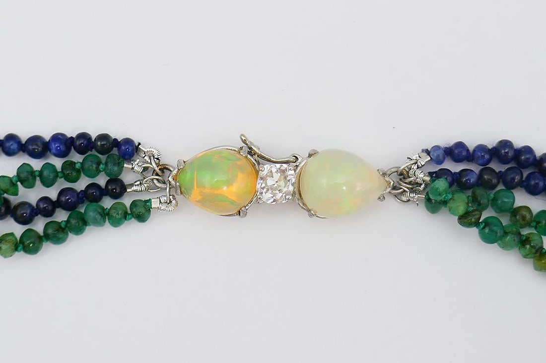 Art Deco Necklace Emerald Sapphire Bead with Diamond Opal Platinum Clasp - 2
