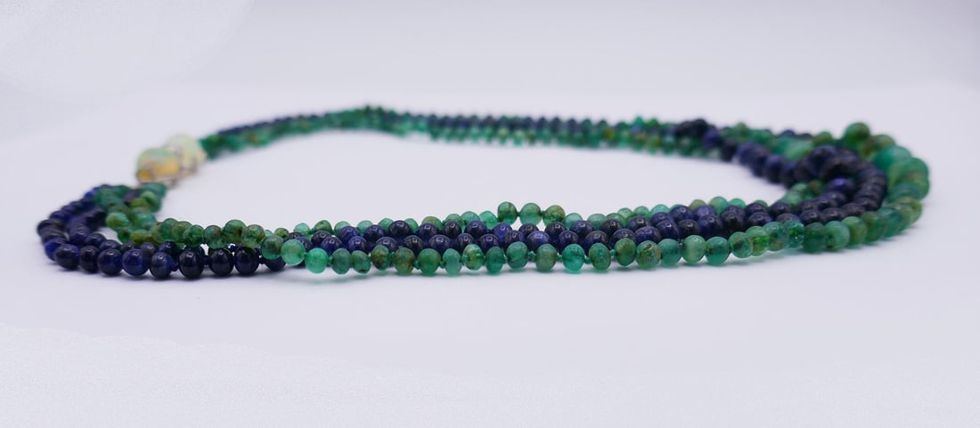 Art Deco Necklace Emerald Sapphire Bead with Diamond Opal Platinum Clasp - 4