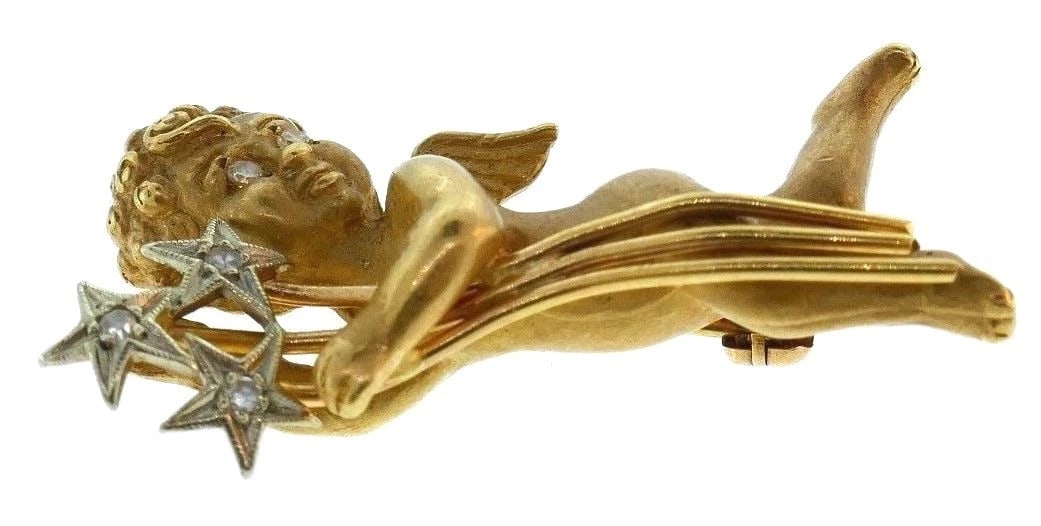 14K YELLOW GOLD CHERUB DIAMOND PIN BROOCH ANGEL THEMED JEWELRY W/STARS - 2