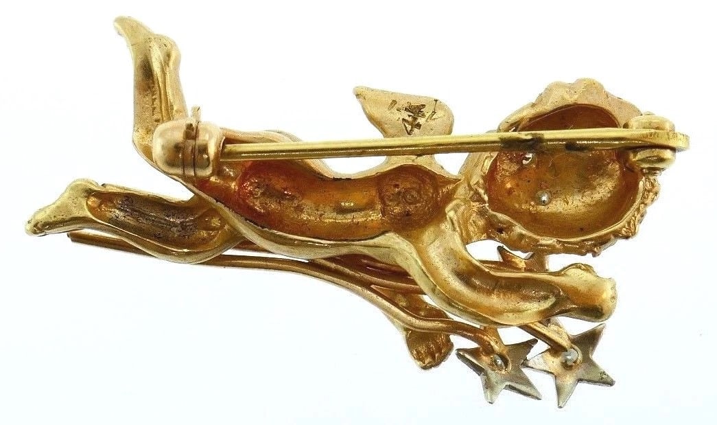 14K YELLOW GOLD CHERUB DIAMOND PIN BROOCH ANGEL THEMED JEWELRY W/STARS - 3