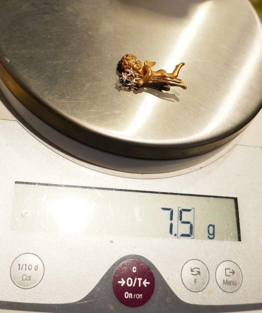 14K YELLOW GOLD CHERUB DIAMOND PIN BROOCH ANGEL THEMED JEWELRY W/STARS - 5