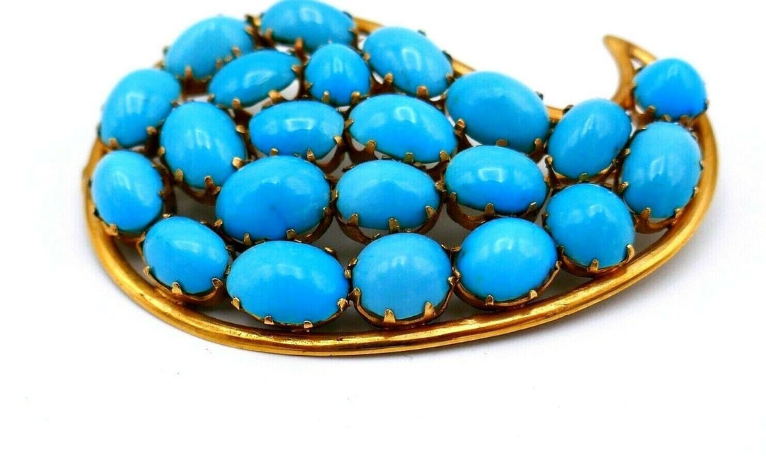 Vintage Turquoise Yellow Gold Pin Brooch - 3
