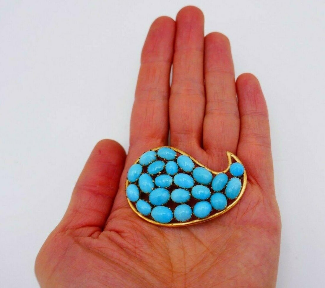 Vintage Turquoise Yellow Gold Pin Brooch - 4