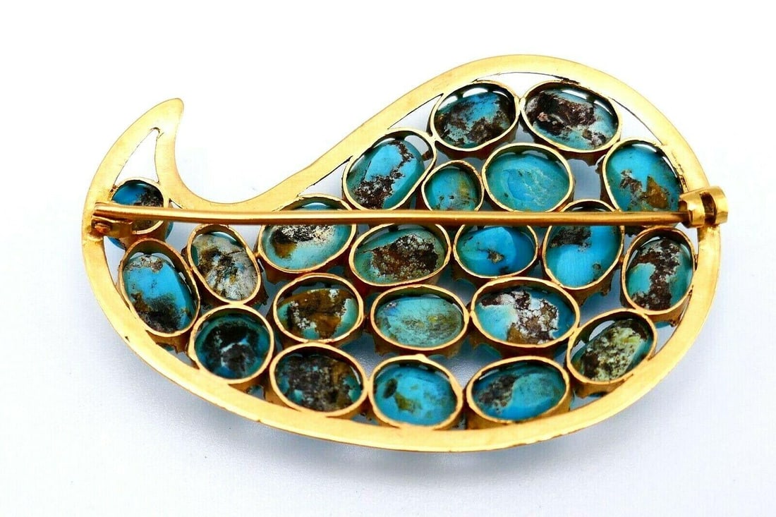 Vintage Turquoise Yellow Gold Pin Brooch - 6