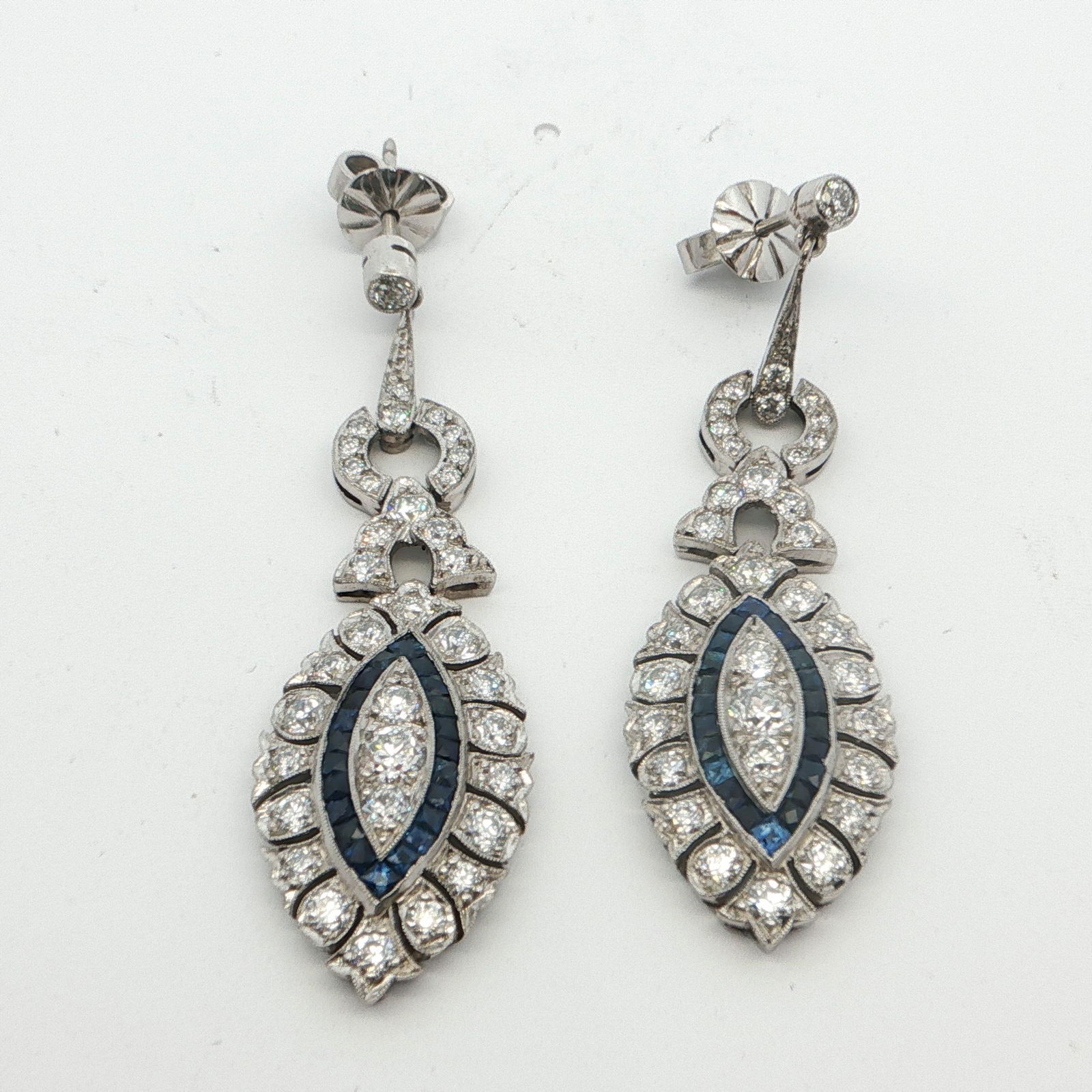 Platinum Dangle Earrings with Diamonds and Natural Blue Sapphires - 2