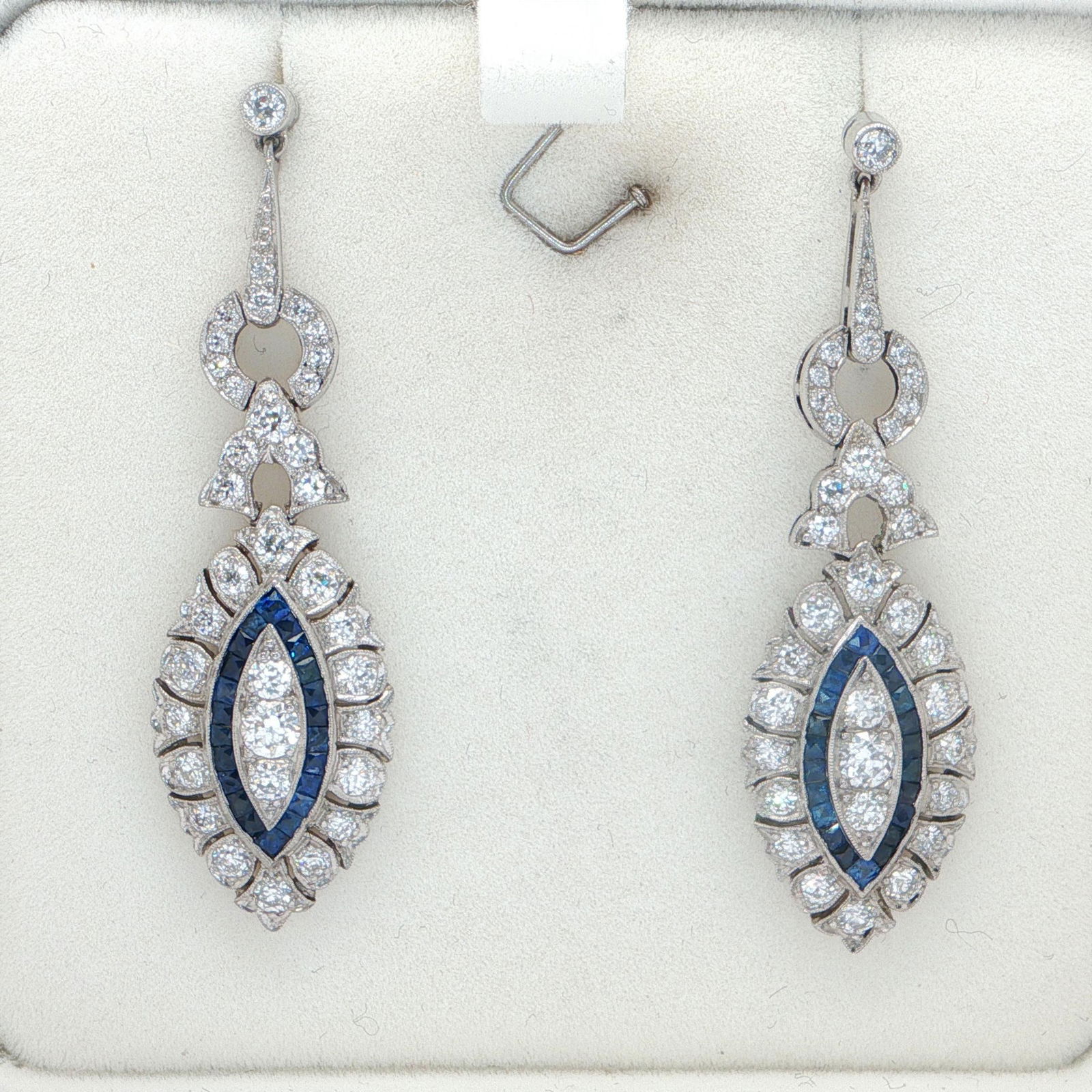 Platinum Dangle Earrings with Diamonds and Natural Blue Sapphires - 3