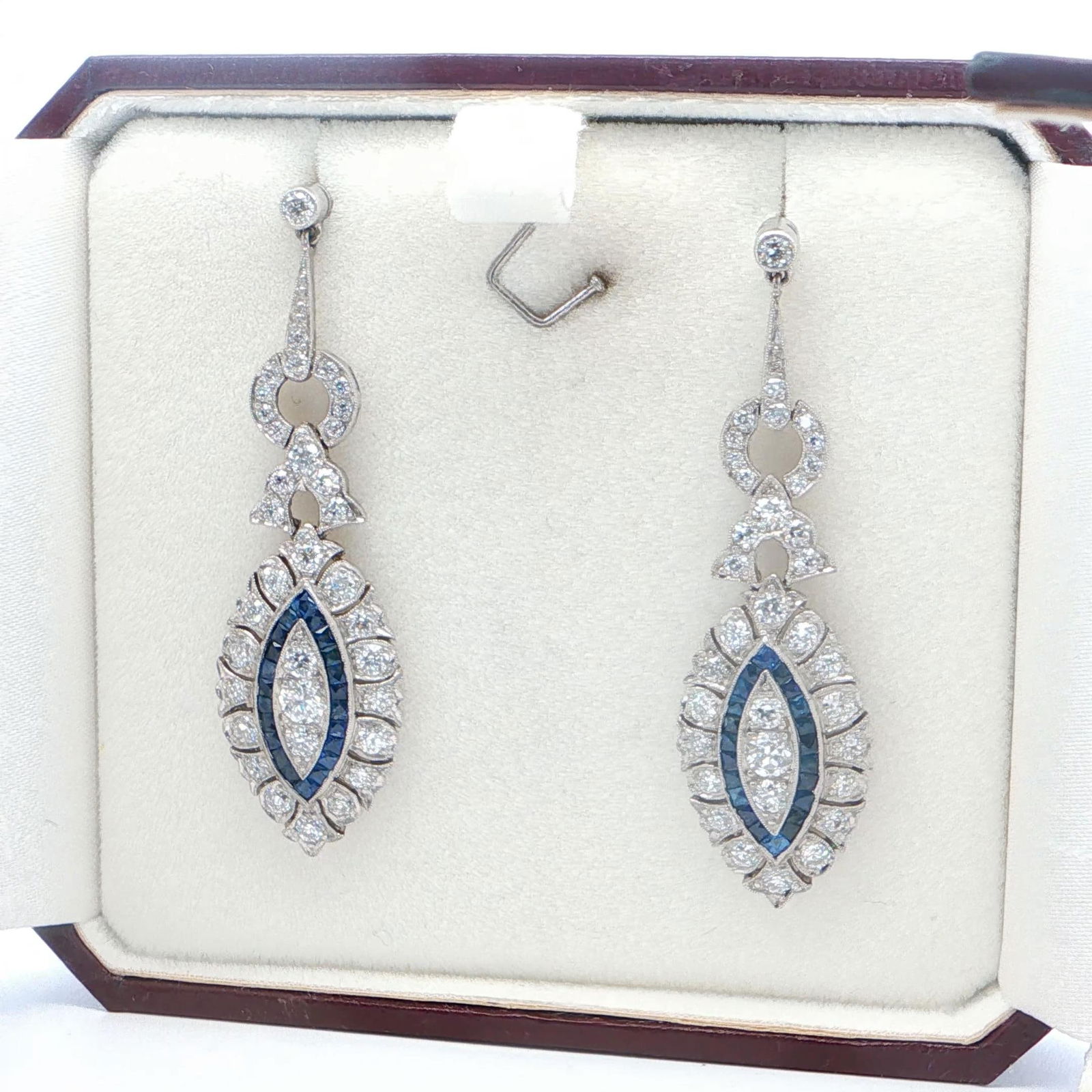 Platinum Dangle Earrings with Diamonds and Natural Blue Sapphires - 5