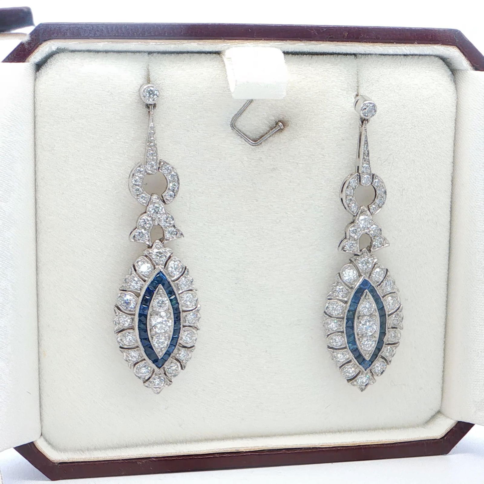 Platinum Dangle Earrings with Diamonds and Natural Blue Sapphires - 8