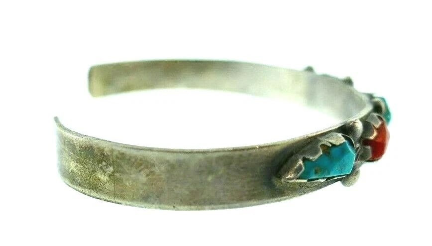 AMERICAN INDIAN Sterling Silver, Coral & Turquoise Bangle Bracelet - 3