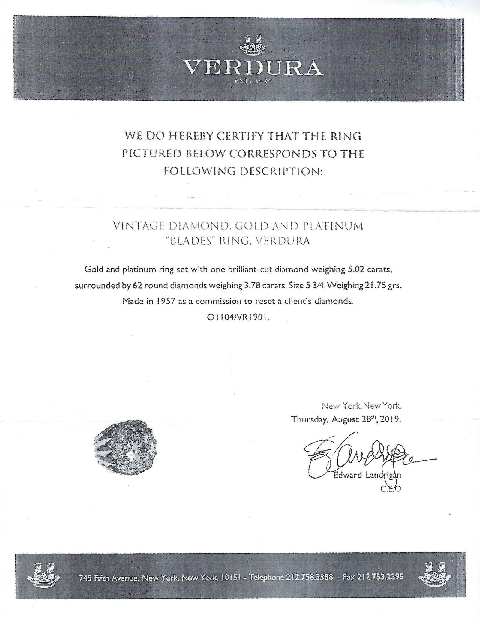 Verdura Vintage Ring 18k Gold Diamond 5.01-Carat J SI2 GIA - 11